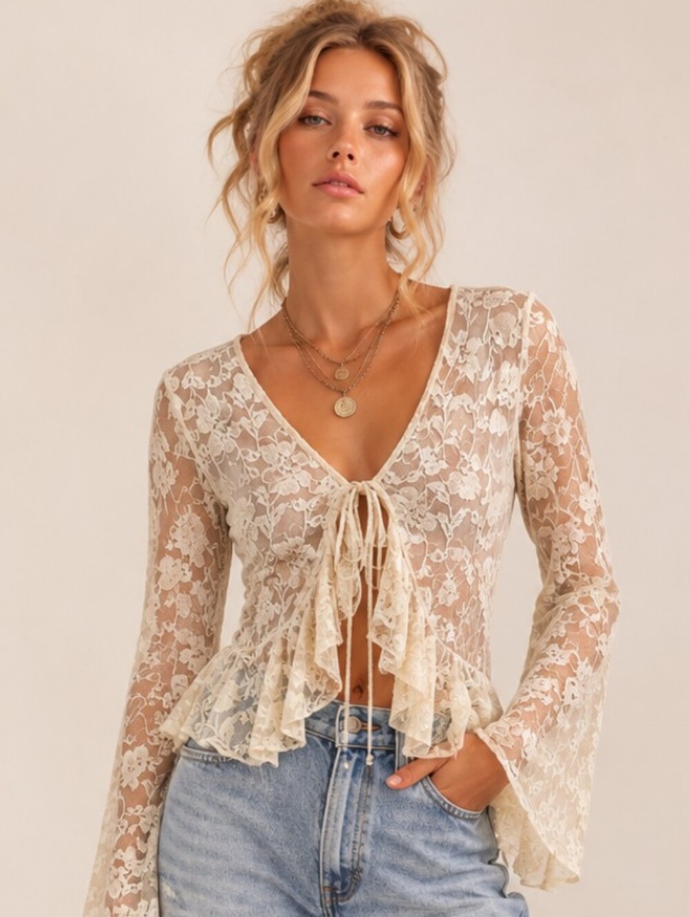 London Rose Ivory Lace Tie-Front Ruffle Peplum Boho Blouse Large NWT Cardigan